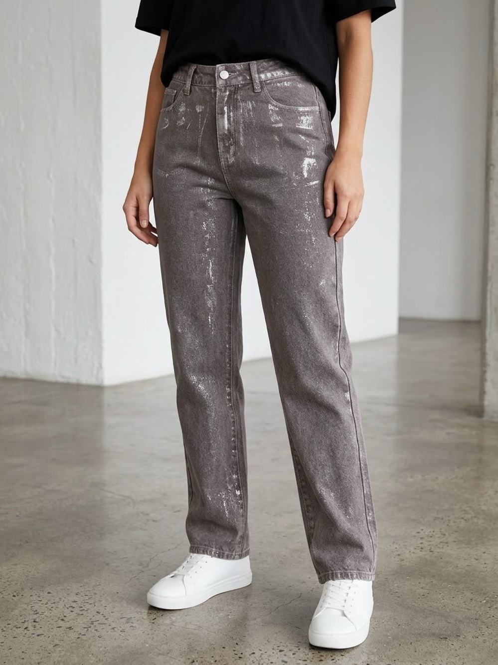 White Fox Metallic Silver Pink Foil Washed Charcoal Straight Leg Denim Jeans M